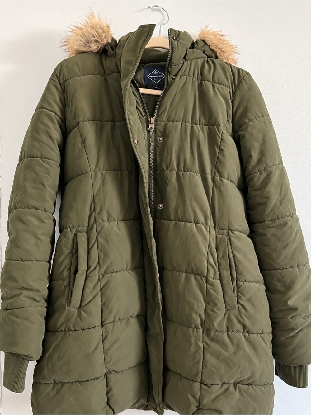St. John's Bay Olive Green Quilted Hooded Puffer with Faux Fur Trim